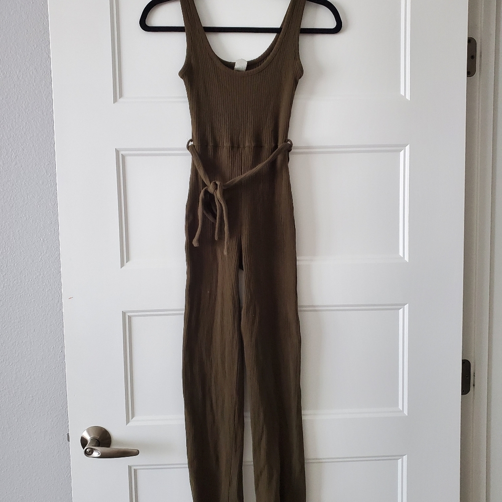 Windsor fitted green jumpsuit, small, bodycon, ribbed fabric